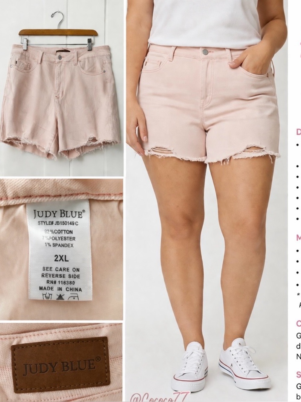 Judy Blue Pink Distressed Denim Shorts Raw Hem Stretch High Rise Size 2XL cut of